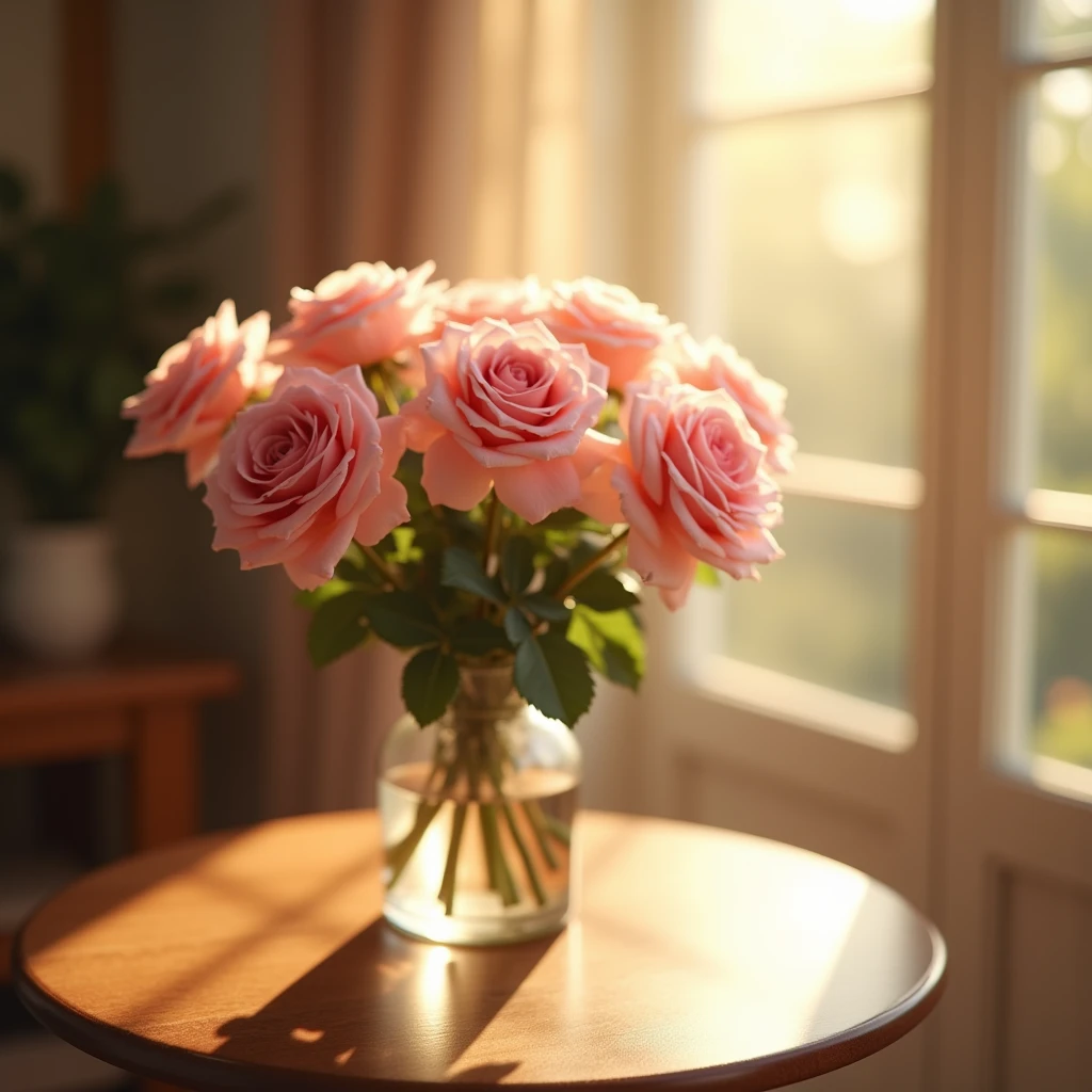 There is a vase of pink roses on the table., Gentle autumn sunshine, soft morning sunlight, Afternoon sunlight, Summer morning sunshine, shining morning sun, beautiful morning, soft morning sunlighting, beautiful composition, In the morning light, spring morning, Very beautiful photo, beautiful and aesthetic, Quiet afternoon, Afternoon light, In the morning, Cozy cafe background