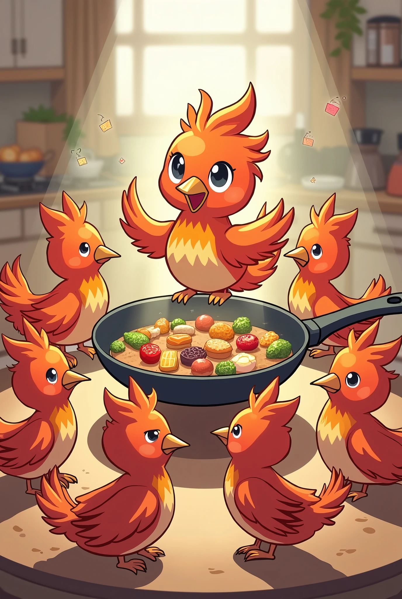 Chibi, many phoenixes in a circle, one big frying pan with food on it dancing on the phoenix's head, background kitchen