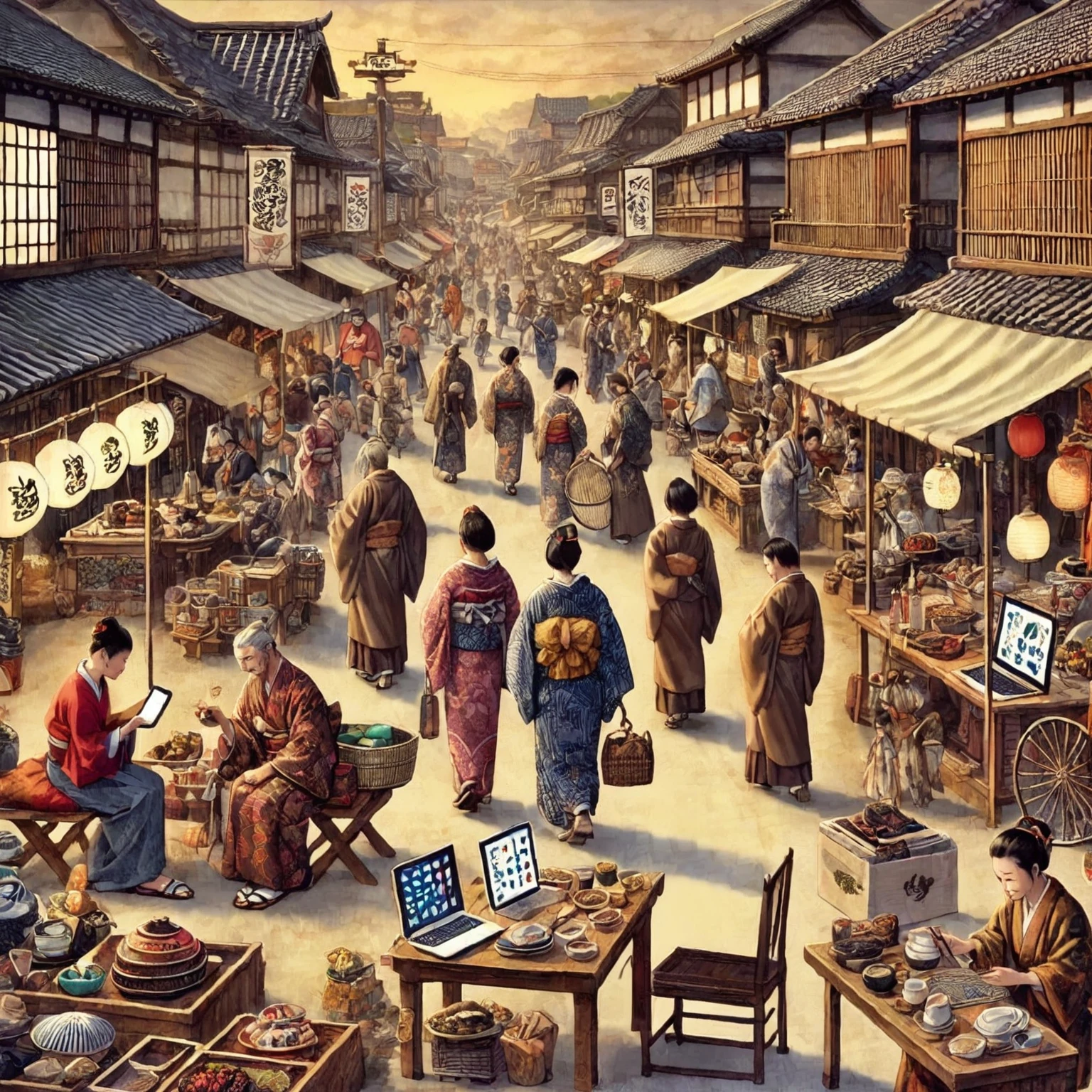 There are many people walking along the streets of the city., old Japan Streets market, Japanese market, or period, in the Or how to do it, Or Japan, Japanese Street, Japanese cities, Japanese Village, Japan Streets, Feudal Japan art, Or how to do it, Feudal Japan, Traditional Japanese concept art, Middle Ages Japan, Feudal Japan, Feudal Japanese setting