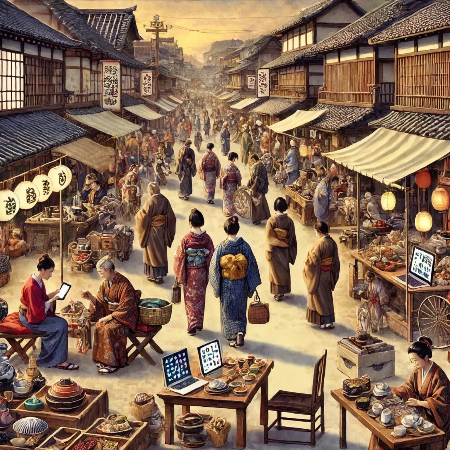 There are many people walking along the streets of the city., old Japan Streets market, Japanese market, or period, in the Or how to do it, Or Japan, Japanese Street, Japanese cities, Japanese Village, Japan Streets, Feudal Japan art, Or how to do it, Feudal Japan, Traditional Japanese concept art, Middle Ages Japan, Feudal Japan, Feudal Japanese setting