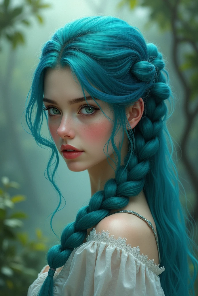 Woman with blue-green hair, a braid