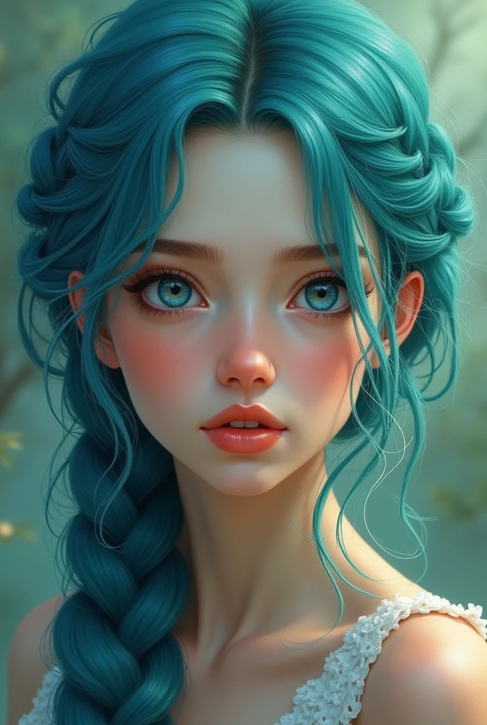 Woman with blue-green hair, a braid