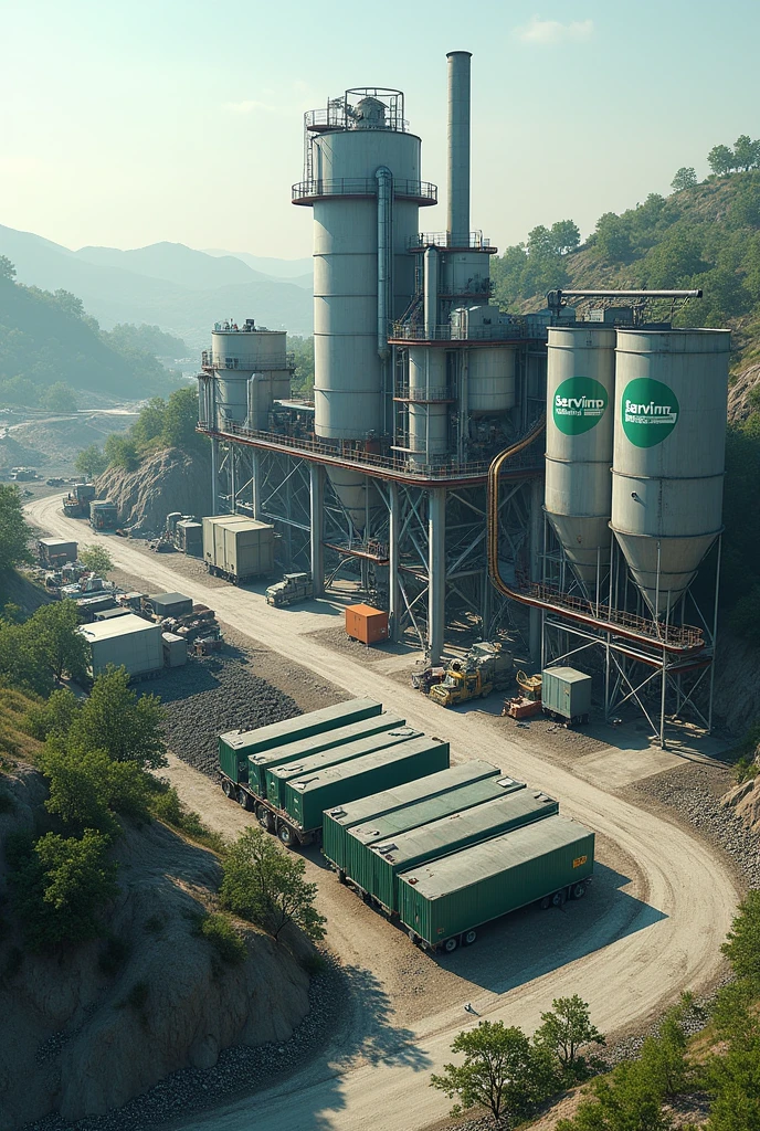 Create for me a recyclable products factory with a garbage dump next door, fully organized. The factory and the dump must have the name SERVLIMP, the name of the company. The image must be completely and as realistic as possible to be used as advertising.
