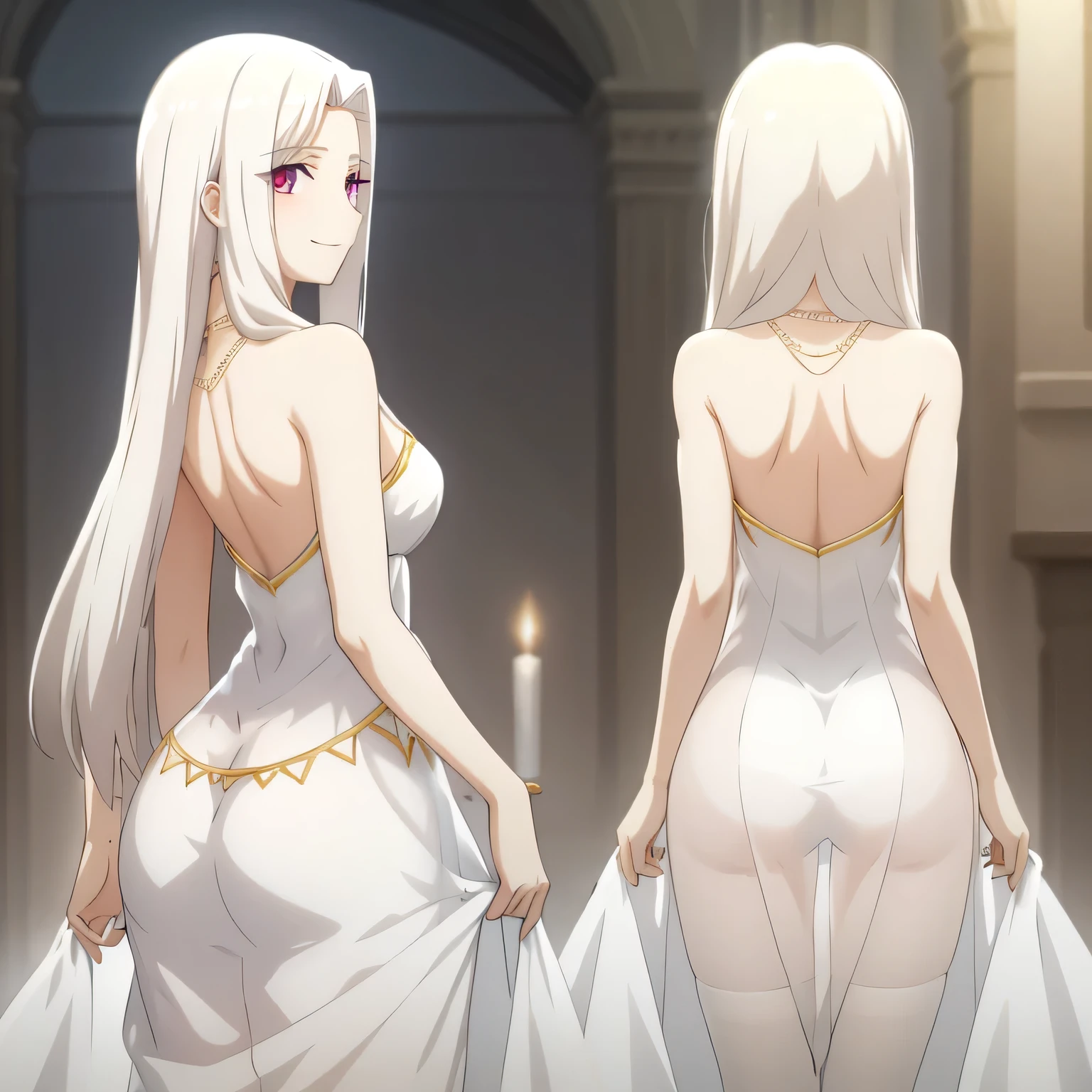 Irisviel,Sheer Cold Shoulder Sleeveless Dress,Single,Looking at the viewer,beautiful smile,arm at side,,beautiful necklace,Angle from behind,looking at viewer from behind,,beautiful butt