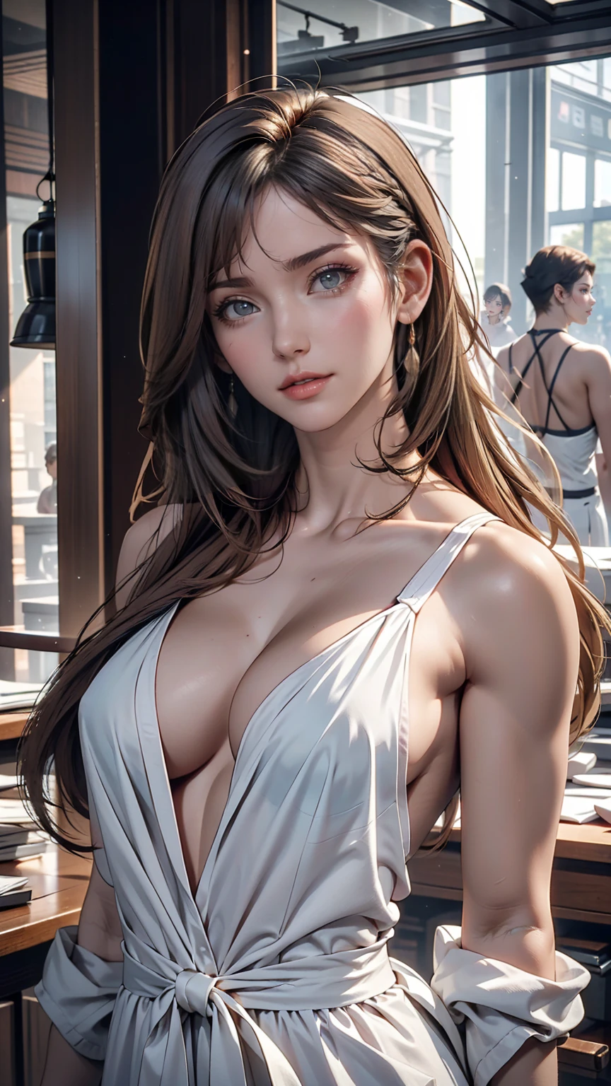 Highest quality, masterpiece,Gray Hair, Golden Eyes,White clothes, look up, Upper Body,hair,Fair skin,Side braid、2 woman、Attractive Young Woman, (Beautiful Face:1.1), Detailed eyes, Seductive lips, (eye make up:1.2), (Medium chest:1.0), (Toned body:1.2), Sexy proportions、Narrow waist