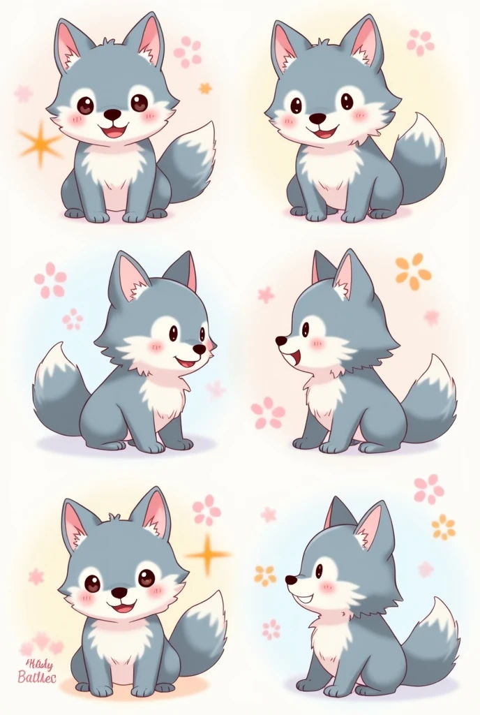 believe me model sheet of a kawaii cartoon style wolf
