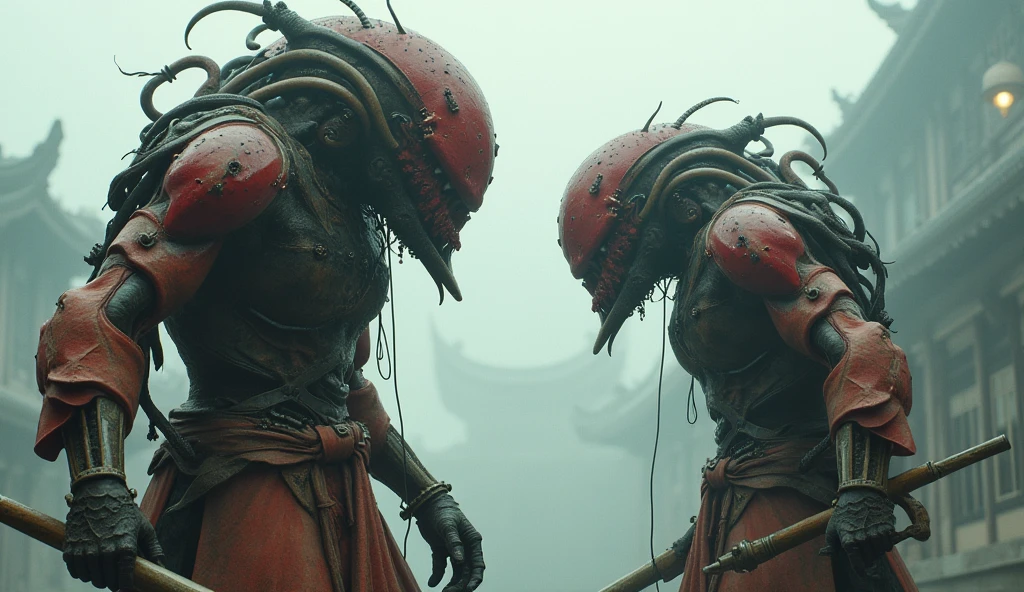 Top quality, masterpiece, oriental ancient background, two creatures wearing complex red masks, monster-like creatures, complex mechanical bodies, science fiction, detailed science, life science, wearing shabby traditional oriental clothes, detailed image textures, bizarre, horror, creepy atmosphere (not AI image), cloudy weather, foggy, low-color image, eerie, holding a sword, characters filling the screen, images from various angles