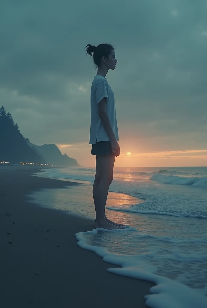  Low angle shot: The protagonist stands on a quiet beach under the dim pre-dawn sky. The horizon is faintly illuminated by the approaching sunrise. Diffused lighting softens the scene, highlighting the gentle waves lapping at the shore. The camera slowly pans up, capturing her serene expression as she gazes at the distant horizon.