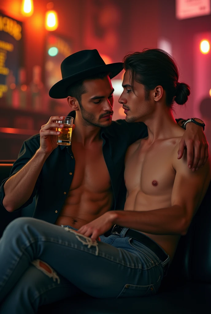 Handsome guy, Beautiful, skinny, white-faced, Beautiful soft skin, shirtless, hair neatly tied back in jeans with a handsome friend by his side sitting in a bar in a black shirt and black hat the young man sits on his friend&#39;s lap while enjoying a shot of tequila