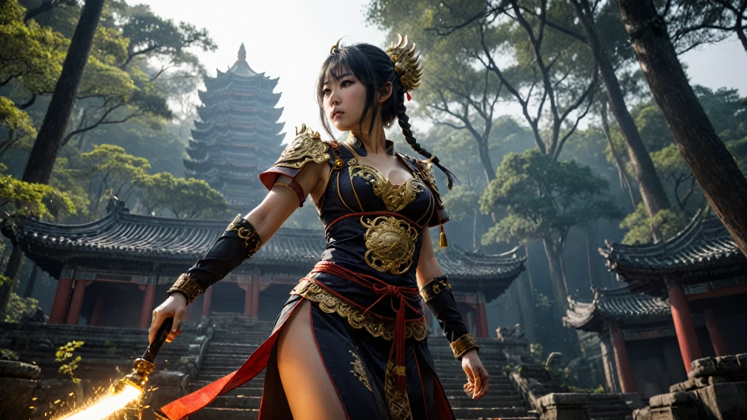 An ancient Chinese temple ruin in a forest, inspired by the game Black Myth Wu Kong, (low angle view), at dark night. (1girl, solo, alone), female Sun Wu Kong cosplayer, medium-breast slim:0.6 body, oval:0.4 face, cleavage:1.1, WU KONG's costume and outfits, GOLDEN CUDGEL, HOLDING WEAPON, (slightly leaning forward running pose), half-body thigh level medium shot, cinematic lighting, ray tracing.