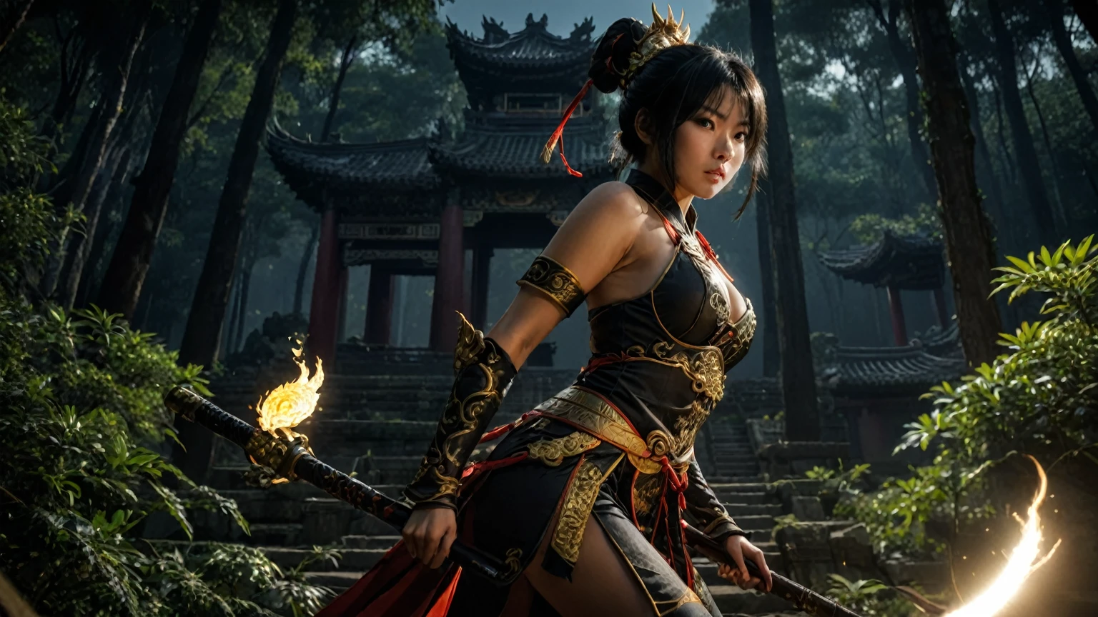 An ancient Chinese temple ruin in a forest, inspired by the game Black Myth Wu Kong, (low angle view), at dark night. (1girl, solo, alone), female Sun Wu Kong cosplayer, medium-breast slim:0.6 body, oval:0.4 face, cleavage:1.1, WU KONG's costume and outfits, GOLDEN CUDGEL, HOLDING WEAPON, (slightly leaning forward running pose), half-body thigh level medium shot, cinematic lighting, ray tracing.