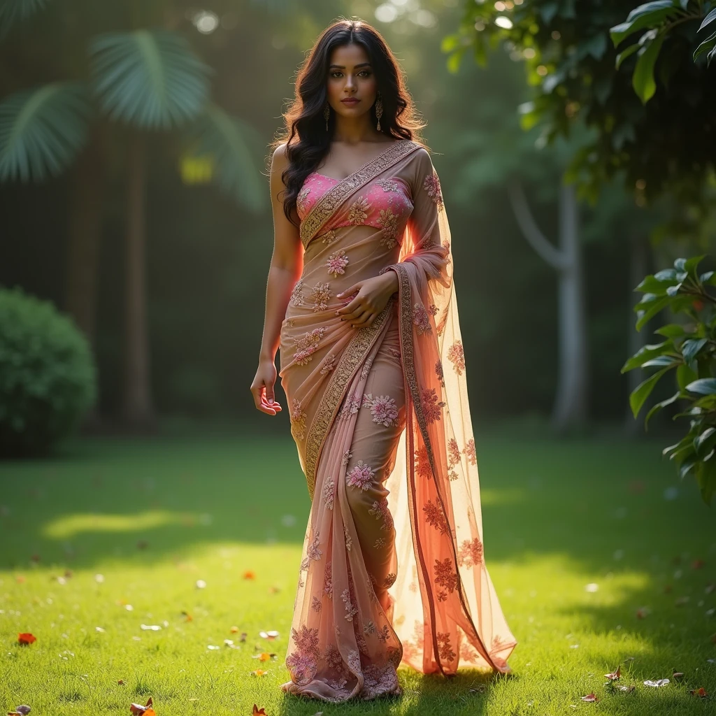 Indian Wife with a huge round and long cleavage line visible in a folded net  saree, floral net saree, HDR, 8k, hyperdetailed, best quality, ultra-high resolution, HDR, curved body, 8k, walking on the lawn , look at viewer, having perfect breasts with athletic body