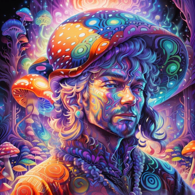 arafed man with a hat and a mushroom hat on, dan mumford and alex grey style, trippy art, anton fadeev and dan mumford, el bosco and dan mumford, trippy mushroom, beeple and jeremiah ketner, dmt realm, dmt art, psychedelics, psychedelic mushrooms dream, dmt visuals, trippy visuals, dmt trip