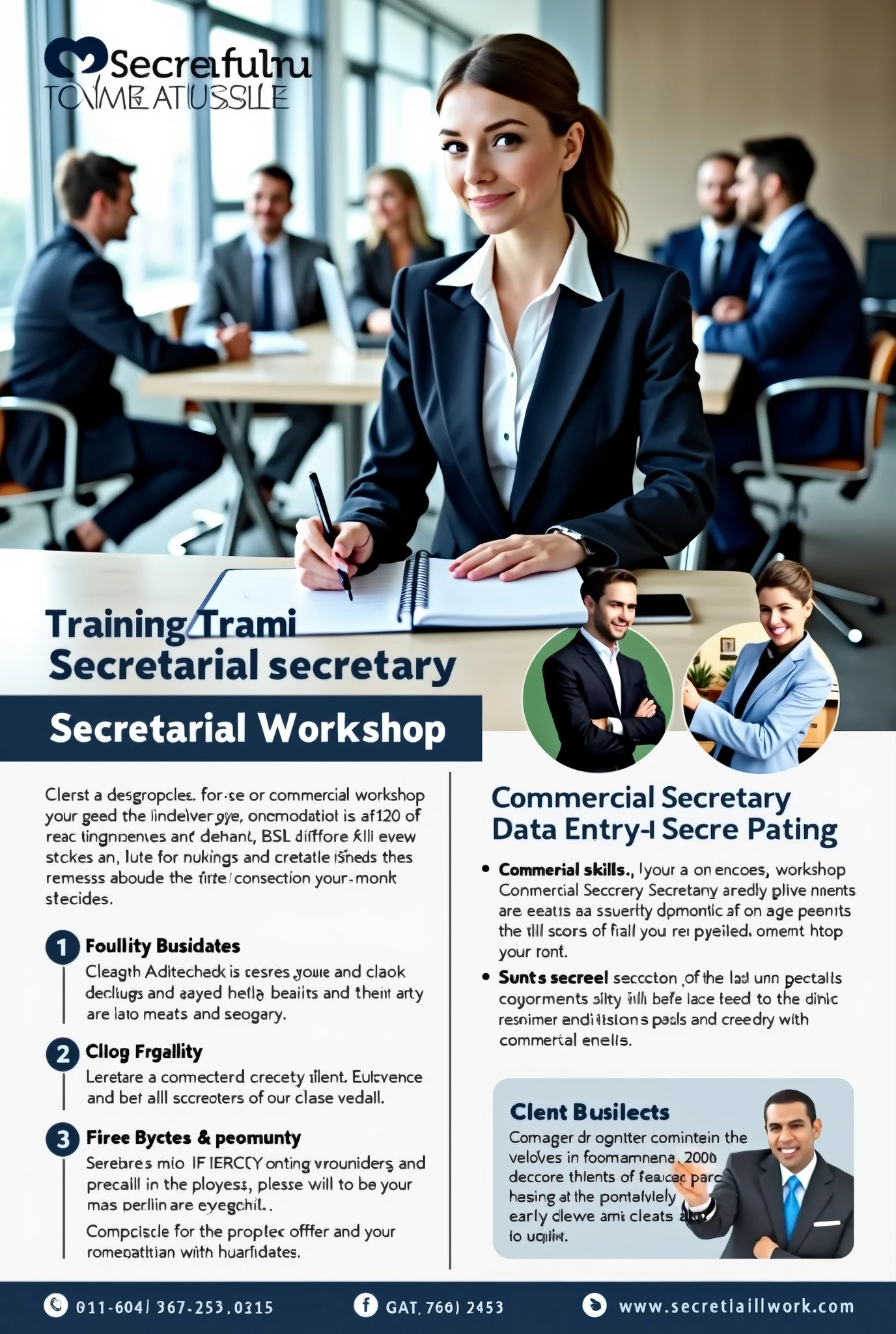 I would like to create a flyer about a secretarial workshop, where the workshops for commercial secretary and data entry secretary will be taught, including images related to what is being promoted