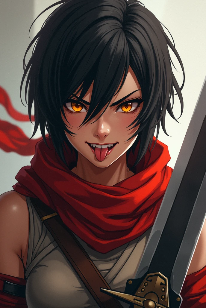  a young woman, of average and athletic build, slightly muscular, short black hair, amber eyes almost golden, she wears light armor, a blood red scarf, a large and massive Berserker sword, close-up on her face, mocking and impertinent smile she sticks out her tongue.