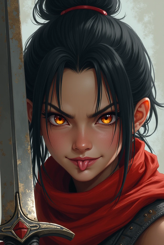  a young woman, of average and athletic build, slightly muscular, short black hair, amber eyes almost golden, she wears light armor, a blood red scarf, a large and massive Berserker sword, close-up on her face, mocking and impertinent smile she sticks out her tongue.