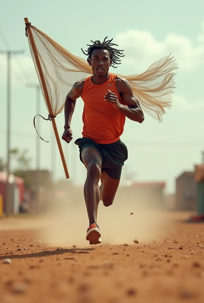 Refugee Olympic team athlete running with a net as a flag