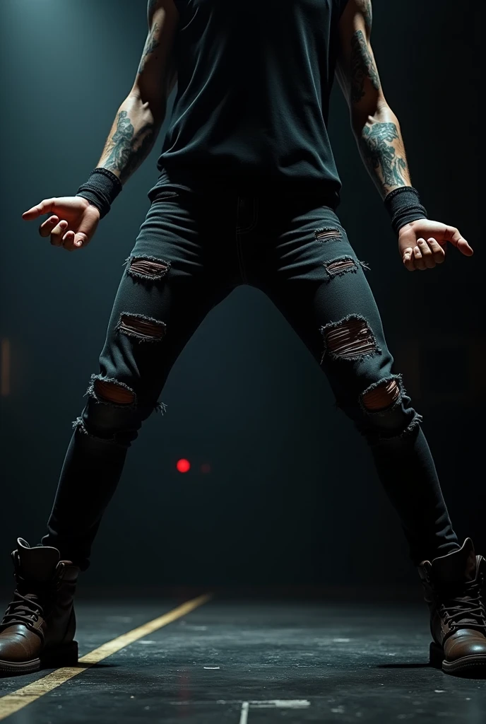 Lower body of a person making a metal music rock and roll finger signal
