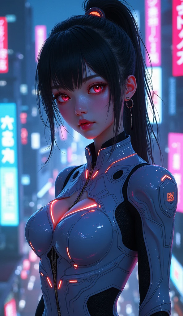 (masterpiece: 1.3), (8K, Photorealistic, Raw Photo, Best Quality: 1.4), (score_9, score_8_up; anime; idol_face; deep_color; cinematic_lighting; 32k); loveholic, 1girl, futuristic urban setting at night, wearing a form-fitting jumpsuit with glowing circuit