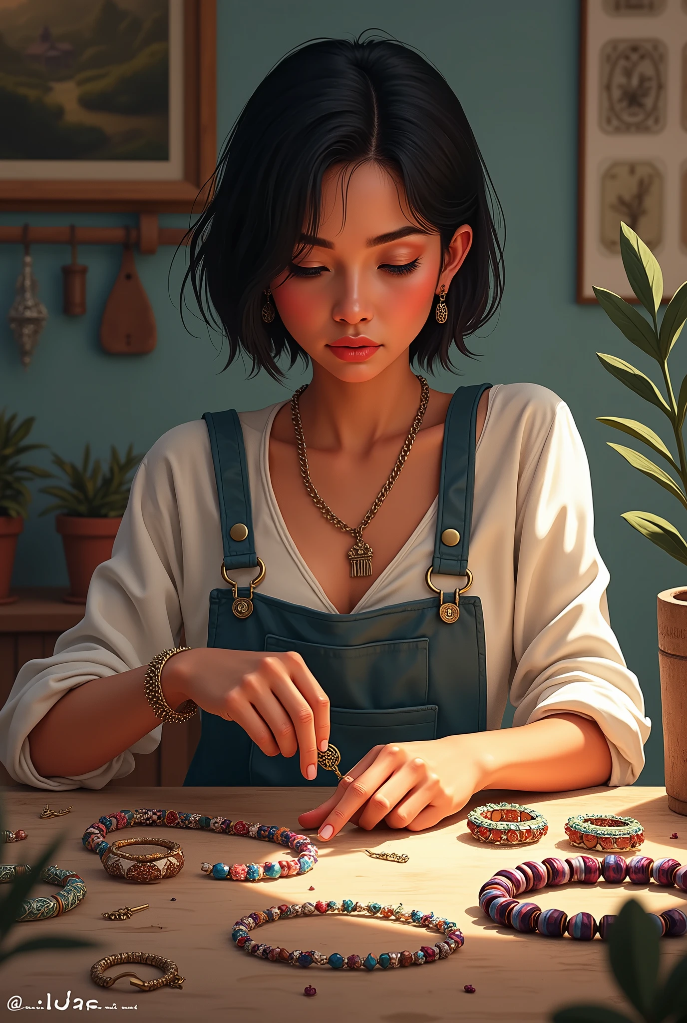 Image for business, wherever based on art ,to digital drawing, artisanal ,Handles ,bracelet ,necklaces , where a woman&#39;s creativity is expressed , where the woman is mestiza , short hair,with a background watermark that says LILUART