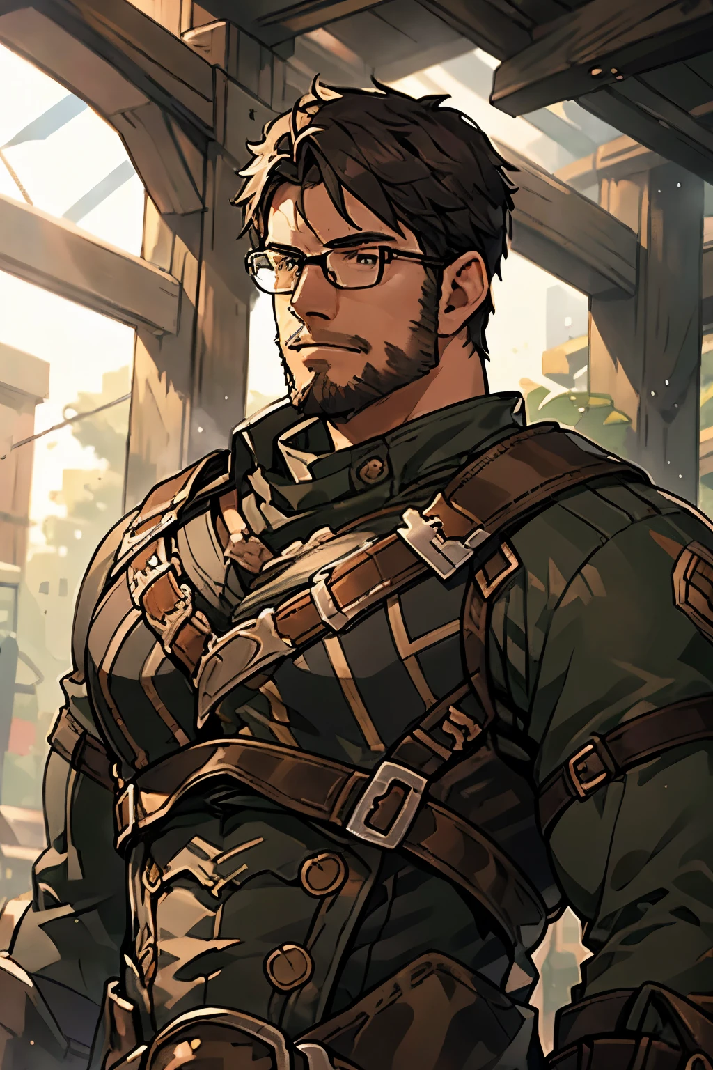 Masterpiece, Best Quality, Ultra-Detailed, 1man, male, manly male, alpha male, old mature muscular male, big, stud, jock, bara, bear, black hair, very short hair, black beard, green eyes, bright eyes, very beautiful and detailed eyes, very detailed eyes, 3, bara, muscular male, tall, large shoulders, large chest, huge arms, (large waist:1.0), ((thick neck:1.0)) athlete, bare biceps, large waist, steampunk style, steampunk, steampunk jacket, brown steampunk jacket, black shirt, Golden details on the jacket, gray details on the shirt, black cloak, cloak over the shoulders, Neutral face, glasses on forehead, cowboy shot, high resolution:1.2, best quality, master part, daylight, Reflection of lens, upper body shot, looking front.