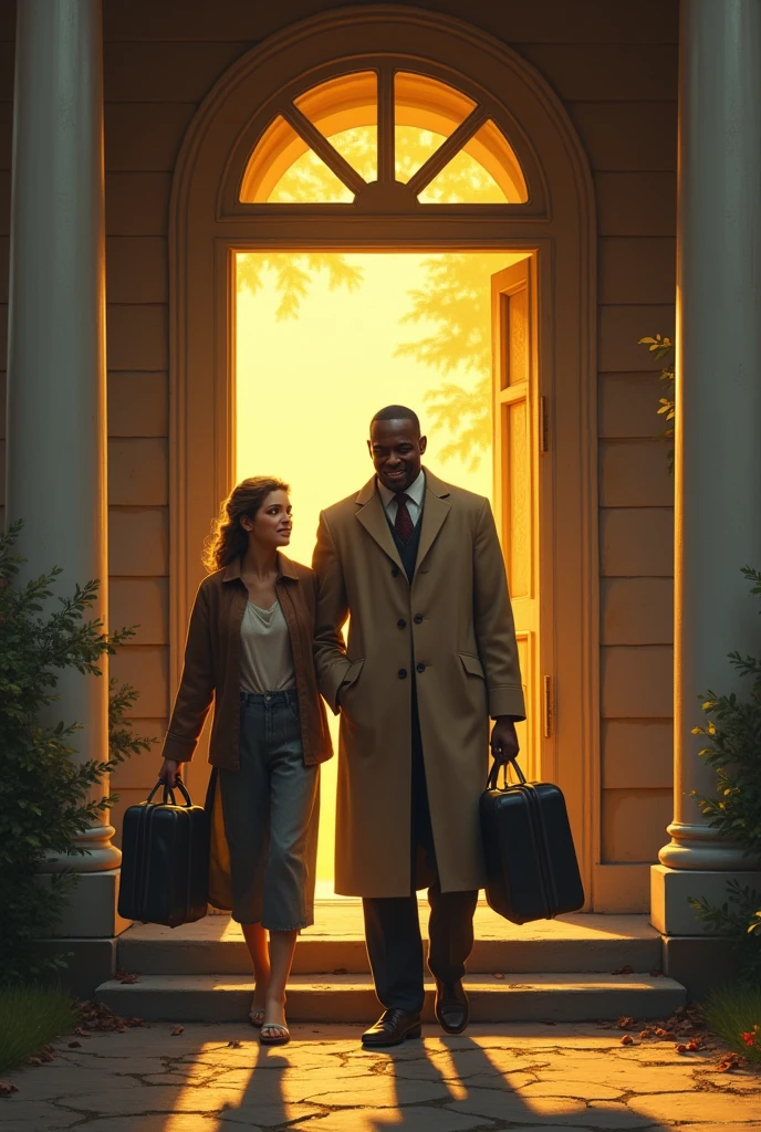 A tired mother with a suitcase in her hand and her discouraged teenager are arriving in front of a large house with afternoon sunlight in the color of gold and at the door of the house there is a black priest with a smile of hope with an open arm to welcome her and her mother.. They lived in the year 1940