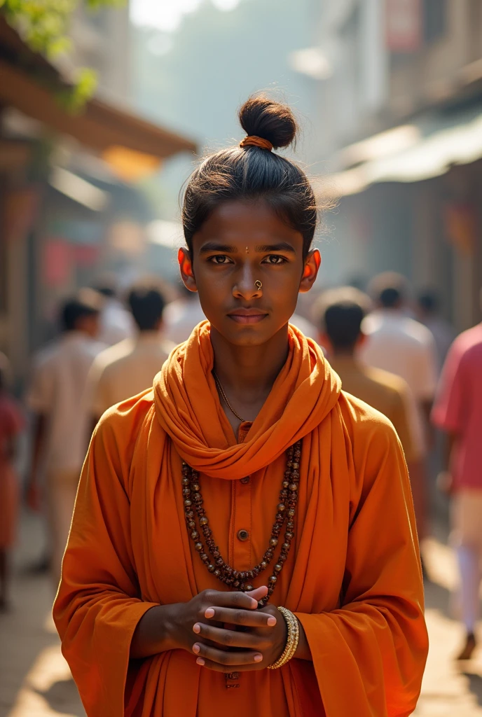 A young handsome  Gaudiya Vaishnav boy from Mayapur. He has a sikha and chants japa and reads Bhagavad-gītā most of the time. He tells others about Kṛṣṇa lila and philosophy. Super cute and charming and well in preaching. My brother.