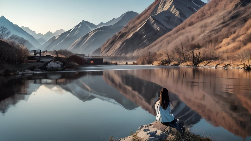 landscape,Chinese ink painting style,Calm river,A beautiful girl on the shore,Mountains are faintly visible in the distance,it's foggy,Hazy Beauty,The mountains are verdant
