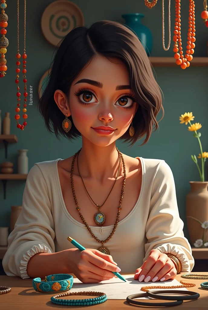 Image for business, wherever based on art ,to digital drawing, artisanal ,Handles ,bracelet ,necklaces , where a woman&#39;s creativity is expressed , where the woman is mestiza , short hair,with a background watermark that says LILUART