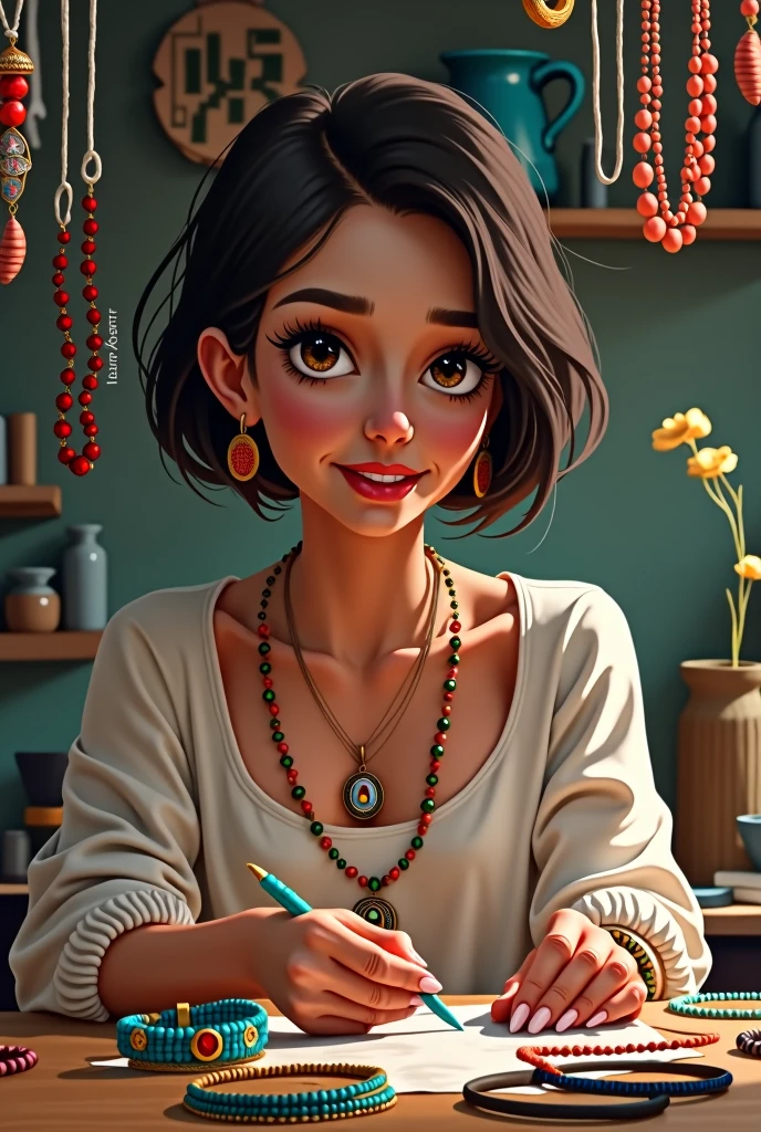 Image for business, wherever based on art ,to digital drawing, artisanal ,Handles ,bracelet ,necklaces , where a woman's creativity is expressed , where the woman is mestiza , short hair,with a background watermark that says LILUART