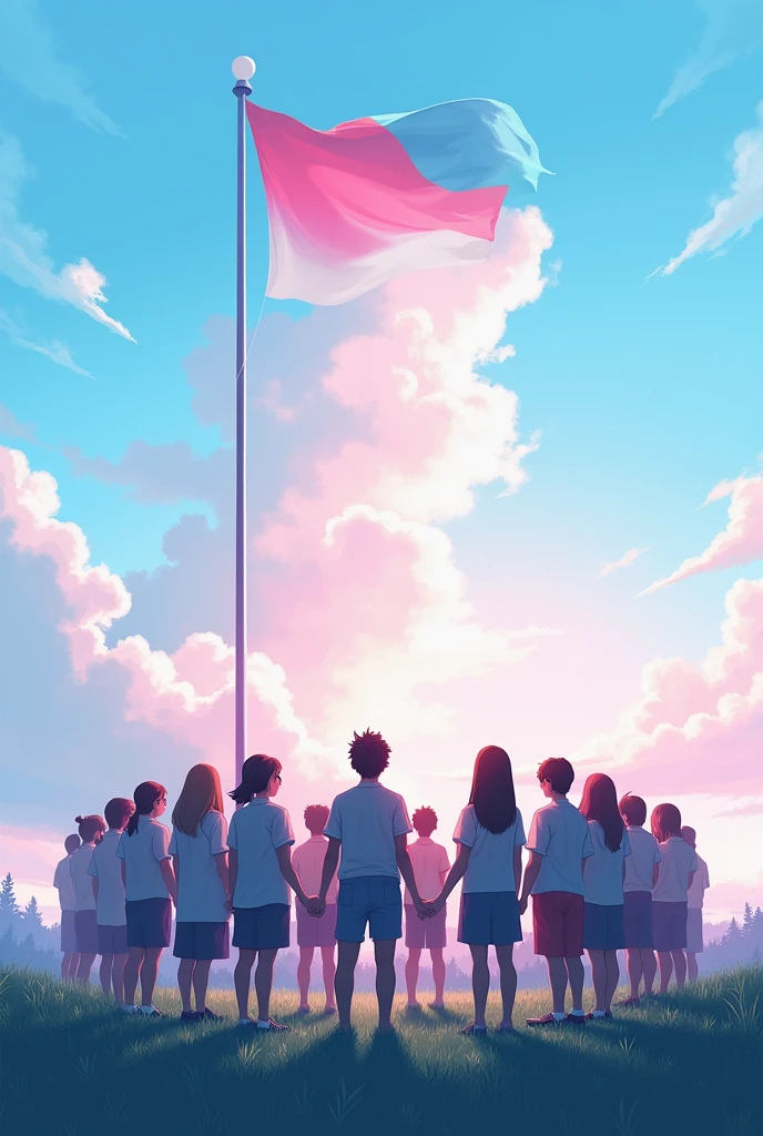 A landscape of 20 students, facing their back, holding hands, and looking up to a pink and blue flag. Square size