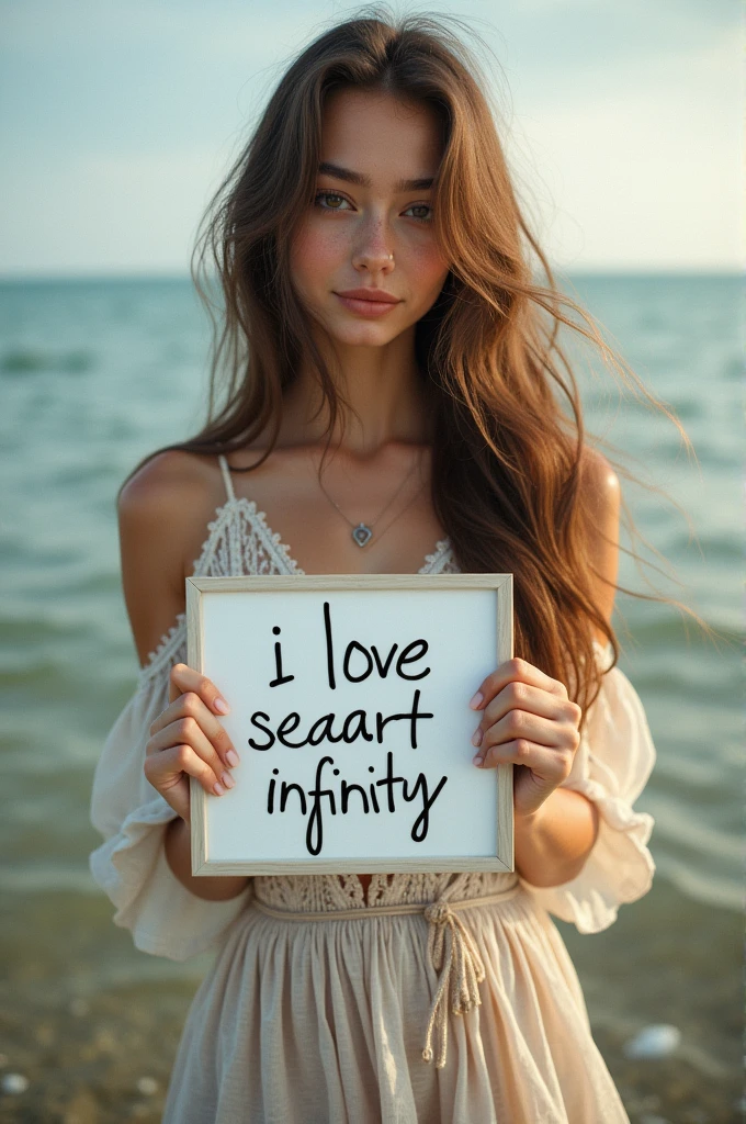 Beautiful girl with wavy long hair, bohemian dress, holding a white board with text "I Love Seaart Infinity" and showing it to the viewer