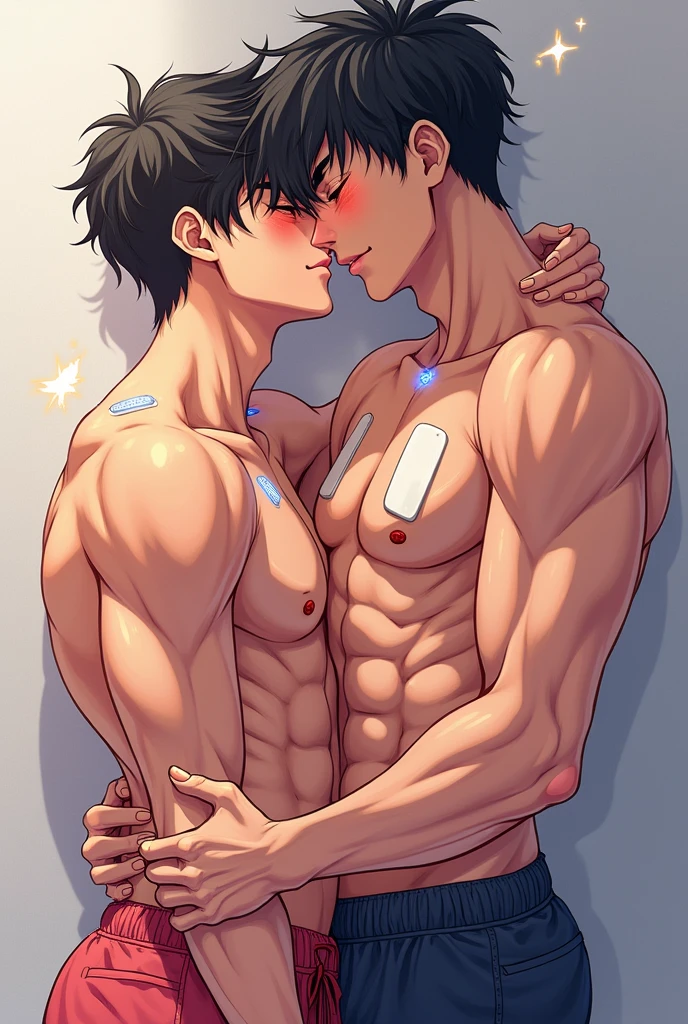 Make make me a anime handsome and cute teen men using muscle stimulator with electric pads making himself stronger on his abs ,chest and bicep looking in pain and while having sex with another men and he fucking loves it.. he look not too bulk and looking like a cartoon anime character.. just slim... they both use muscle stimulator electric pads to make themselves stronger
