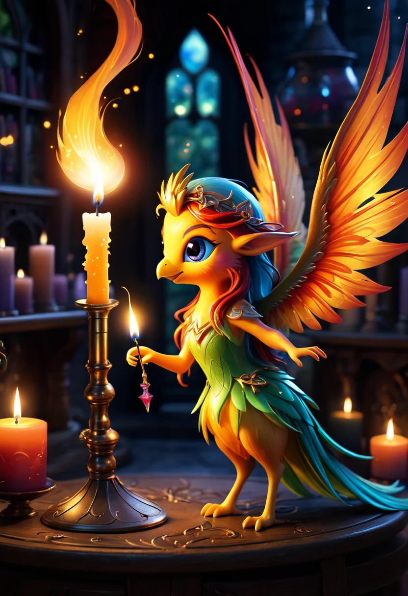 A tiny fairy phoenix flits away from a candle in a dim Wizards laboratory