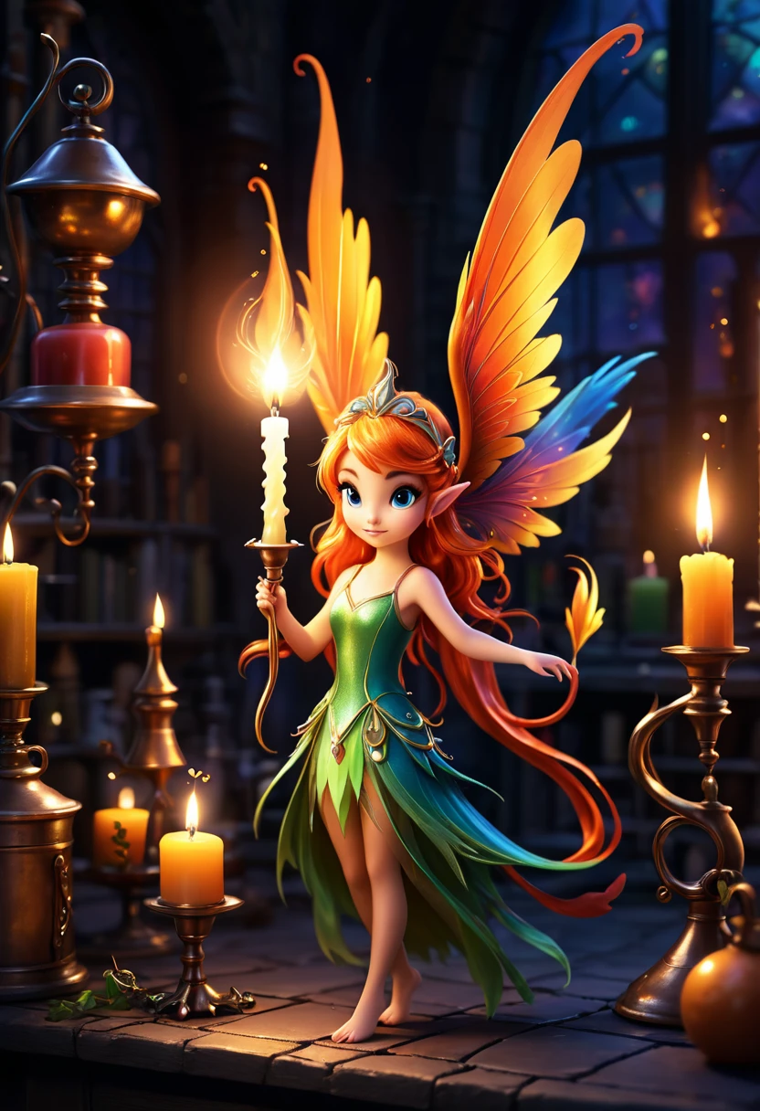 A tiny fairy phoenix flits away from a candle in a dim Wizards laboratory
