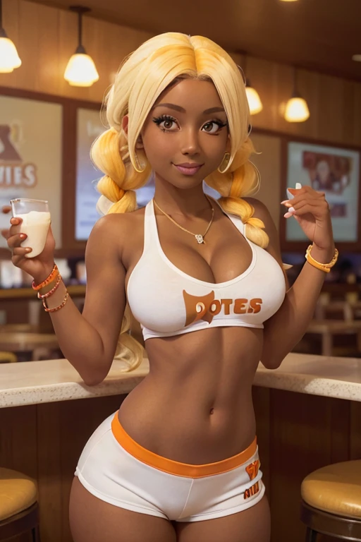 (masterpiece), best quality, expressive eyes, perfect face, front lighting, (inside sports bar restaurant background), (standing), (happy face), (cleavage view), (1girl, milf, Lucy Liu, kuro gyaru, gyaru, ganguro, dark skin, tan skin, tanned skin, tanned, tan, white-yellow hair, white-yellow hair, white-yellow hair, twin curly pigtails hairstyle, hazel eyes, hourglass figure, thin body, skinny body, petite_body, medium breasts, wide hips, thick thighs), (hooters uniform, hooters, white tanktop, orange shorts, jewelry, necklace, bracelets, earrings),