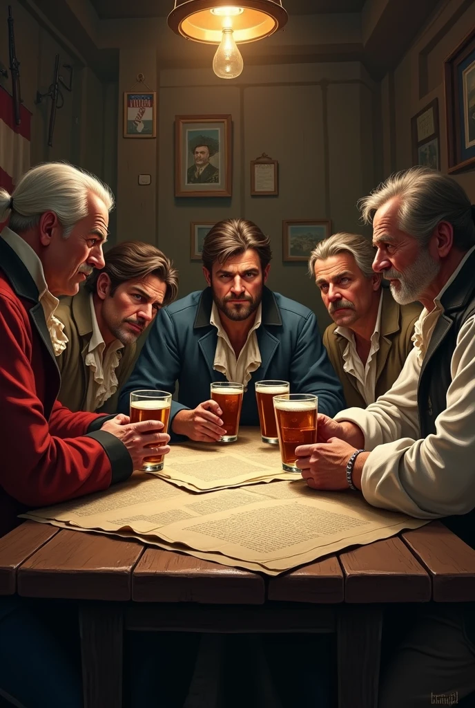 Anime American Male Revolutionaries at a bar judgemental 1776
