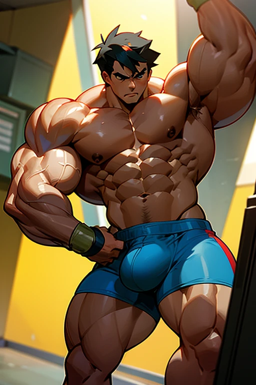 Ash Ketchum from Pokémon anime as a big dumb muscular bodybuilder jock in a locker room flexing and staring blankly under hypnosis with his mouth hanging open as he repeats, "Bigger... Dumber.... Must obey.... More like a jock bro every day.... Yes, Coach. I obey. Huhuhuhuh...." in a deep mindless emotionless voice with his fellow hypnotized jocks to forget about Pokémon training and focus instead on training his own body and obeying his coach. Hyper swollen bulging crotch. Hyper muscles. Toned muscles. 5% body fat. Big biceps. Big triceps. Broad shoulders. Big traps. Big lats. Big meaty pecs. Massive deltoids. Six-pack abs. Spherical glutes. Brainwashing. Hypnosis. Hypnotized. Bro. IQ drain. Dumber and dumber. Meathead. Musclehead. Mindless. Hypno. Mind control. Brain drain. Entranced.