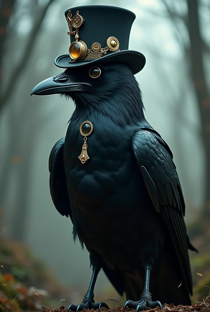 a crow wearing a monocle and a steampunk top hat in a mystic style
