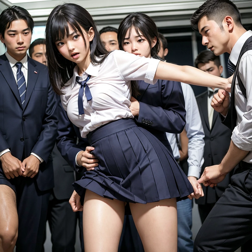 Beautiful innocent high school girl surrounded by excited high school boys, A beautiful girl with a baby face like an idol, Clothing is disturbed, A high school boy strips off his uniform and reveals his underwear, A high school boy grabs my breasts from behind, My butt is touched by a high school boy, Being hugged by a high school boy, Anatomically correct, Molested by a group of high school boys on the train, Staring at the audience, Beautiful wavy black medium bob hair, She screams with her mouth open in shame at being seen in her underwear in public, blush, Body flushed red, Wet with sweat, Increased sensitivity, Tears overflow from your beautiful eyes, Ultra high definition, Slender body, Can be smelled from close range, Japanese, Cowboy Shot, Relaxation and turning your legs inwards