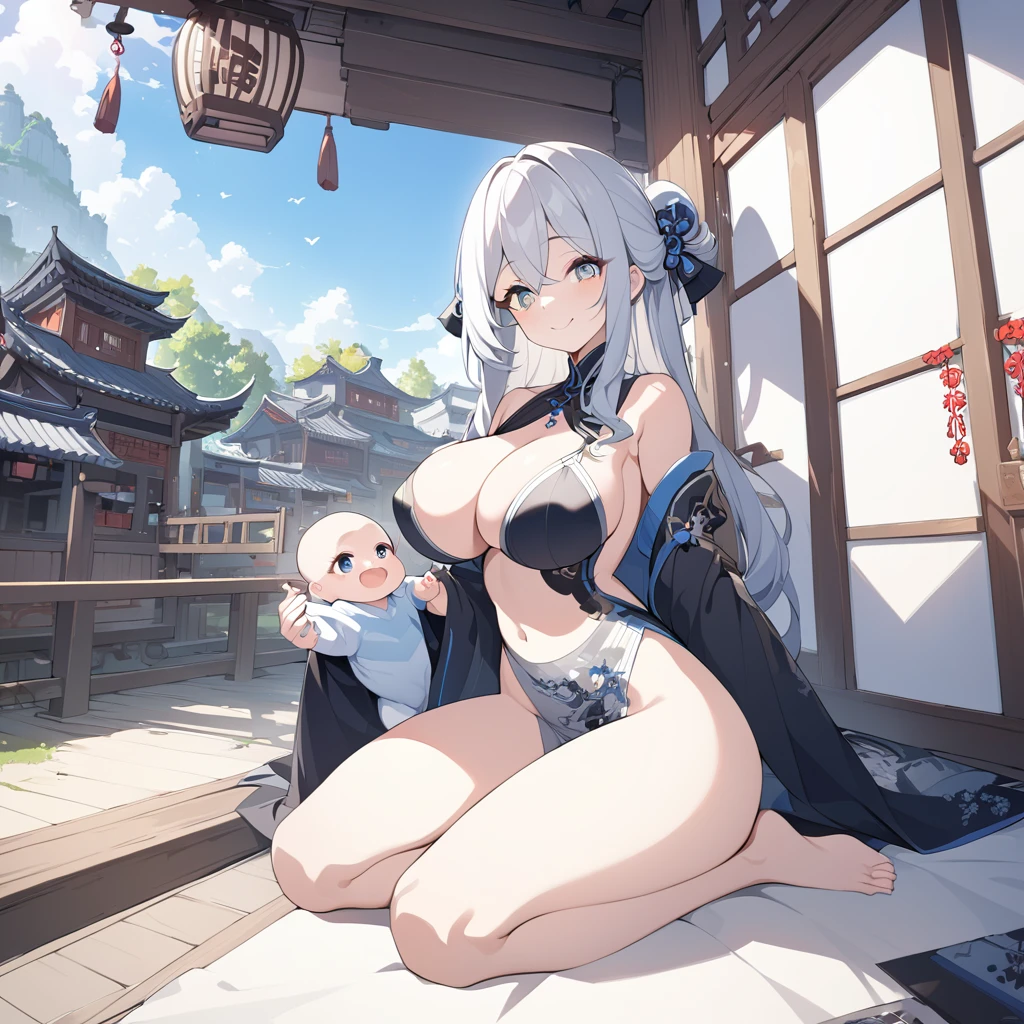 {{masterpiece, best quality, Extremely detailed CG, Unity 8K wallpaper, Movie Lighting}}, Traditional Chinese ink painting, 1 Girl, 1 , Young woman holding a babyole body, Ancient buildings, Blue sky, sunny, Wooden construction, Prominent protagonist, Smile, big eyes, Beautiful and delicate eyes, (Large Breasts, cleveage), Round butt, Looking at the audience, Long eyelashes,