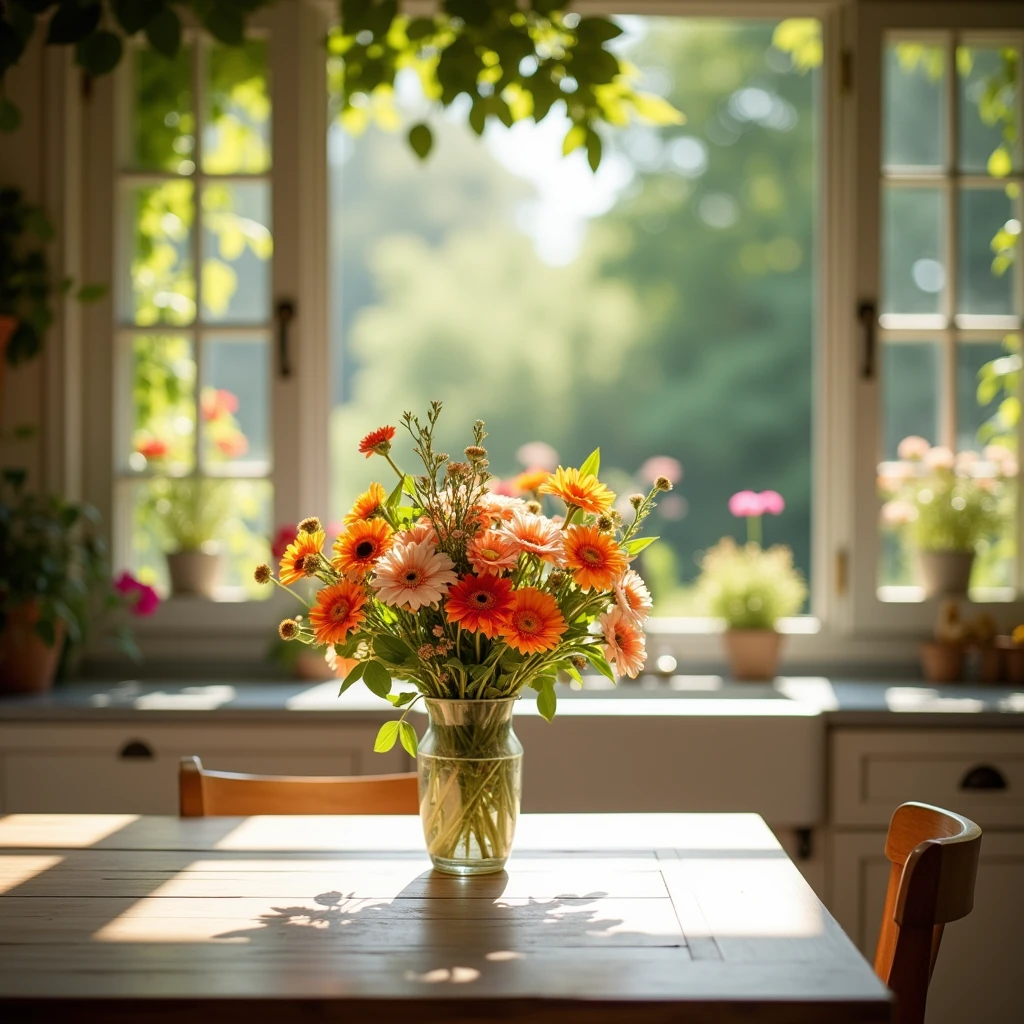 Close-up oF a table,There is a vase oF Flowers on it, delightFul surroundings, With a French garden, transparent,high key,Sunny day home kitchen, Inside the French village, author:wise, Bright kitchen with windows, Architectural Digest, Home and Garden Magazine, Residence and garden, Architectural Digest Photos, Summer morning sunshine, with Flowers and plants, Vignette digital sketch, dripping paint. PerFect color grading. Carel Appel and Jeremy Mann's inFluence, There are many dramatic and menacing scenes, Ultra-detailed, BeautiFul, crazy detail, intricate details, editorial photo, Shooting with a 50mm lens, depth oF Fields, Tilt Blur, Shutter speed 1/1000, F/22. Lightmaps, Super Bright