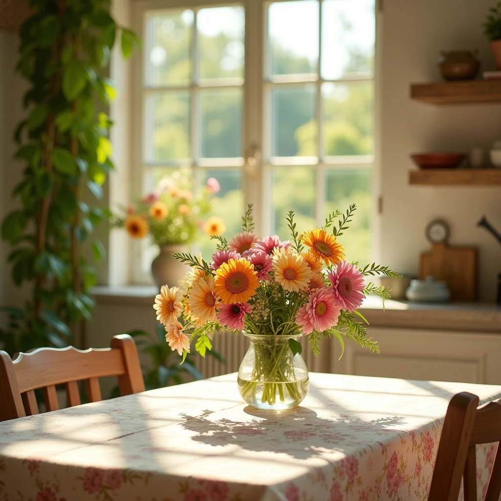 Close-up oF a table,There is a vase oF Flowers on it, delightFul surroundings, With a French garden, transparent,high key,Sunny day home kitchen, Inside the French village, author:wise, Bright kitchen with windows, Architectural Digest, Home and Garden Magazine, Residence and garden, Architectural Digest Photos, Summer morning sunshine, with Flowers and plants, Vignette digital sketch, dripping paint. PerFect color grading. Carel Appel and Jeremy Mann's inFluence, There are many dramatic and menacing scenes, Ultra-detailed, BeautiFul, crazy detail, intricate details, editorial photo, Shooting with a 50mm lens, depth oF Fields, Tilt Blur, Shutter speed 1/1000, F/22. Lightmaps, Super Bright