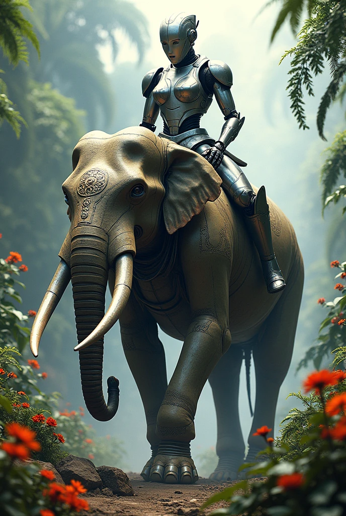 a beautiful robot riding an elephant with robotic armor, the background is a colorful jungle