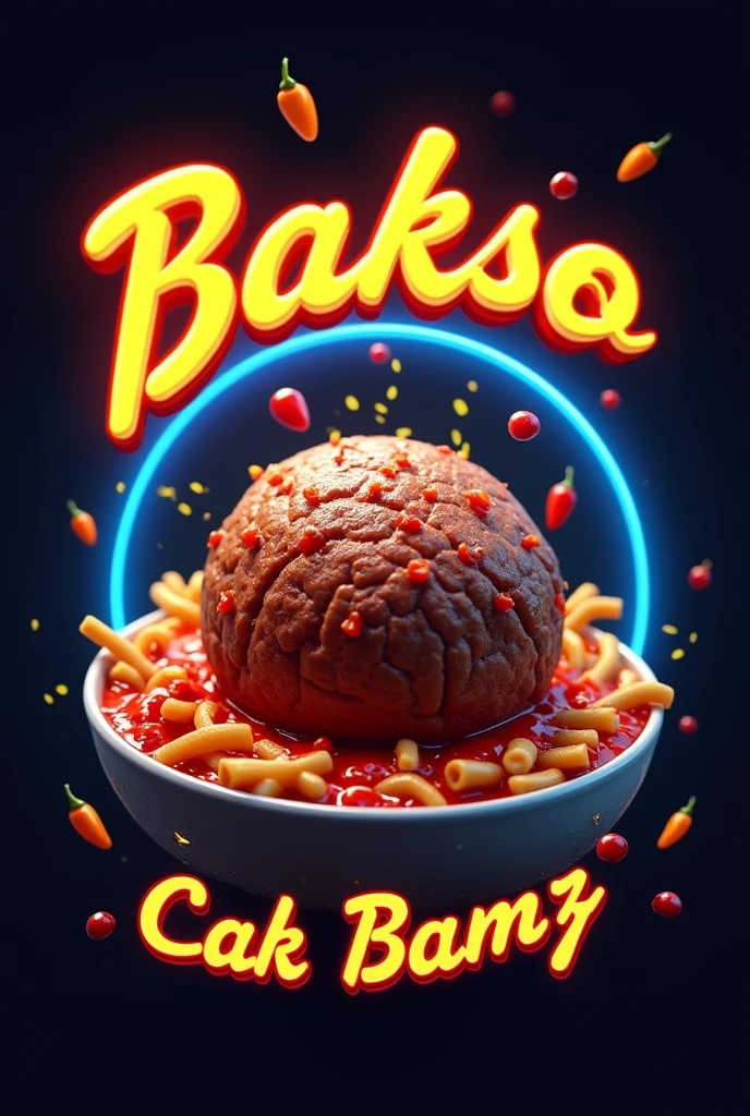 3d logo in blue circle frame of a big meatball with hard textures beef, in a bowl full of chilli sauce and ketchup, looks so delicious, in spicy vegetable and noodle. Realistic picture, dynamic, high detail, high resolution, writing name title "(BAKSO CAK BAMZ)" in caligraphic bold fonts shinibg bright. background dark