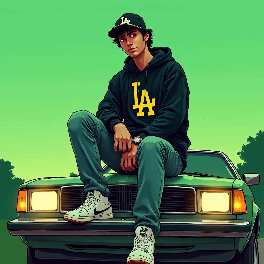 Image of a man sitting on the bonnet of a car, Yoshihiko Wada's album cover, winner of the behance contest, Doodle, official artwork, rap album cover, hip - hop album art cover, colored album art, hip hop music album cover, rap album cover art, official fanart, GTA Cover, hip hop album cover, album art cover, cartoon, Disgruntled Asian Boy, Running car, Green background, green tea, Deep pressed black LA ball cap, white nike shoes, Black LA Hoodie, Jeans worn down