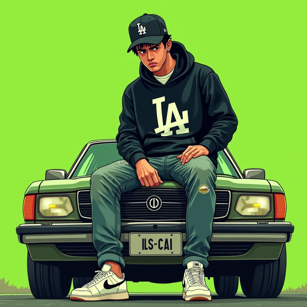 Image of a man sitting on the bonnet of a car, Yoshihiko Wada&#39;s album cover, winner of the behance contest, Doodle, official artwork, rap album cover, hip - hop album art cover, colored album art, hip hop music album cover, rap album cover art, official fanart, GTA Cover, hip hop album cover, album art cover, cartoon, Disgruntled Asian Boy, Running car, Green background, green tea, Deep pressed black LA ball cap, white nike shoes, Black LA Hoodie, Jeans worn down