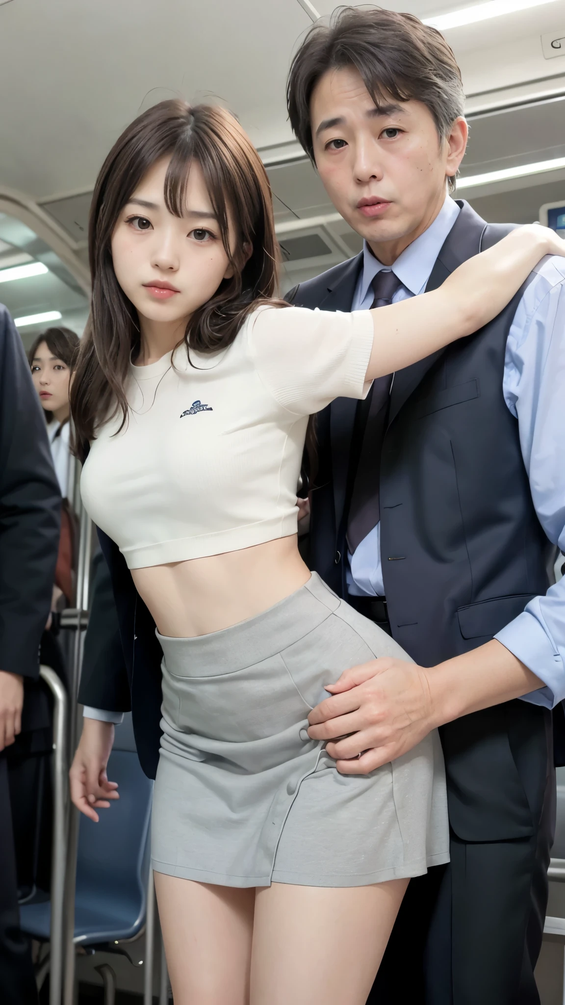 NSFW Viewer discretion advised, Crowded train, Japan , Handsome man hugging his girlfriend from behind, speak in her ear, Lift her up, Miniskirt twisted up, 40k, photograph, masterpiece, Highest quality, Dark Gray Background, ((Japan girls' high school uniform)), An elderly man is leaning on her from behind、i held you up, Mr..々Strike a Pose, ((Having sex in doggy style))