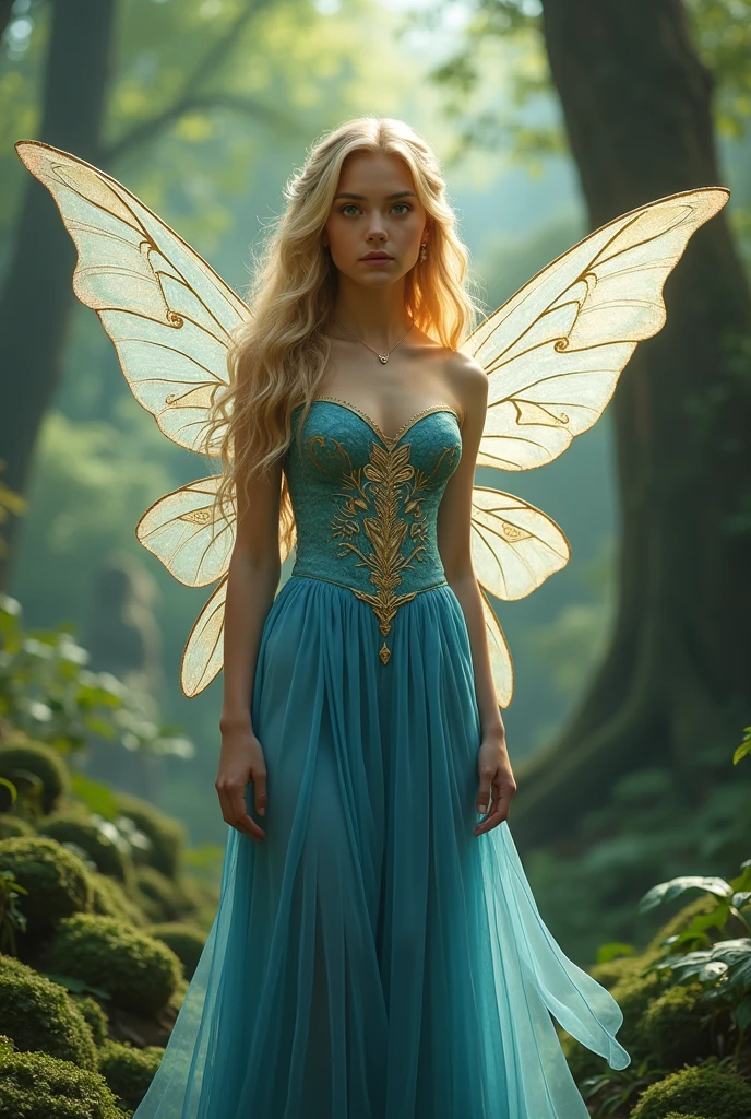 A teenage fairy, beautiful, ethereal, youthful features, tall, thin, athletic. She is standing, looking straight ahead, blonde hair, long wavy hair, intense green eyes, big eyes, pretty upturned nose, medium-sized mouth. Chapped cheeks. Her dress is strapless, made of bright blue fabric, with gold embroidery, with ancient symbols. Its wings are transparent.
In the background is the enchanted forest.
Her bust is big (1:10), round tits, well standing.