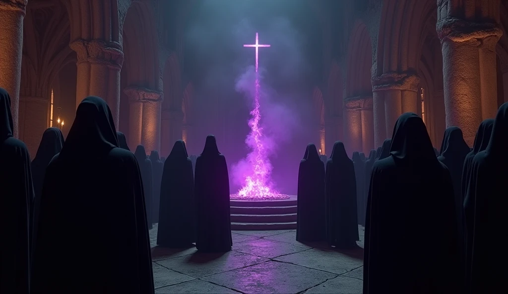 8k、(low angle Bust up on the subject), (number々の賞を受賞したmasterpiece、Incredible detail、Texture、Maximum details),purple flame candle, (summoning magic),(St George's Church in Lalibela at night (Church of Saint George) - Ethiopia), (dark ritual),(dark organization)arafed image of a group of people in a church with candles,lit candle, dark cinematic concept art, elegant cinematic fantasy art, photorealistic dark concept art, by Beeple, dark robes, wojtek fus, gothic epic library concept, gothic epic library, epic cinematic concept art, dark concept art, Beeple and mike winkelmann, symmetrical epic fantasy art, High resolution, masterpiece, Highest quality, Intricate details, Very detailed, Clear focus, practical skin texture, texture, Shot with Canon, 85mm, Shallow and deep, Kodak Vision Color, Exactly, Very detailed, photograph_\(Extremist\), photographpractical, practical, Post-processing, Maximum details, Roughness, Real Life, Extremist practical, Photorealism, photographgraphy, 8K Ultra HD, photographgraphy